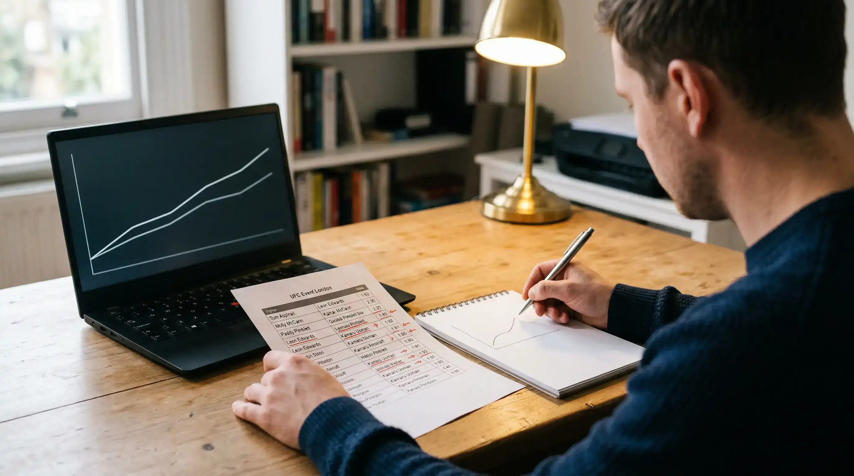 UK betting analyst studying a printed fight card with odds and margin notes
